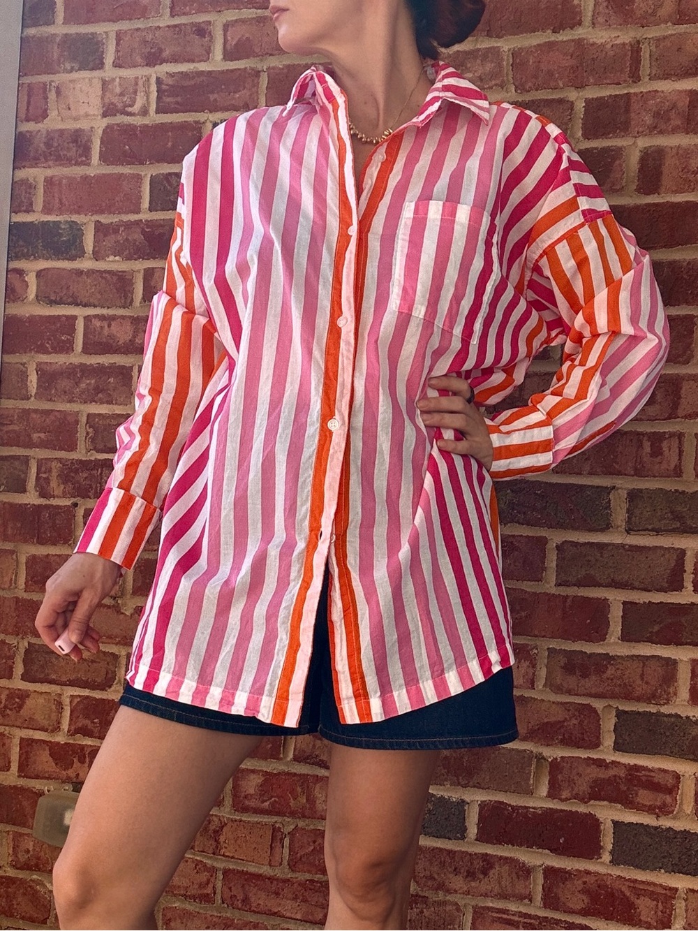 Beach Riot Alexa Top Sunset Stripes Pink Orange Button Down Size L/XL